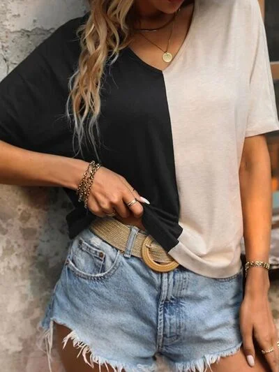 Hazel Blues® |  Tied Contrast V-Neck Short Sleeve Blouse Off-Shoulder Wrap Blouse