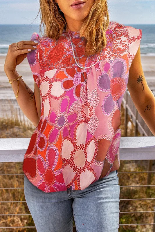 Floral Gathered Detail Capped Sleeve Blouse Double Button Blouse