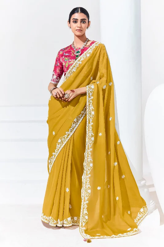 Mustard Silk Saree With Attractive Blouse Oversized Silk Blouse
