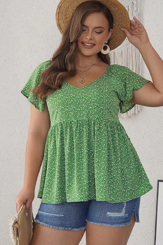 Ditsy Floral Flutter Sleeve Peplum Blouse Oversized Silk Blouse