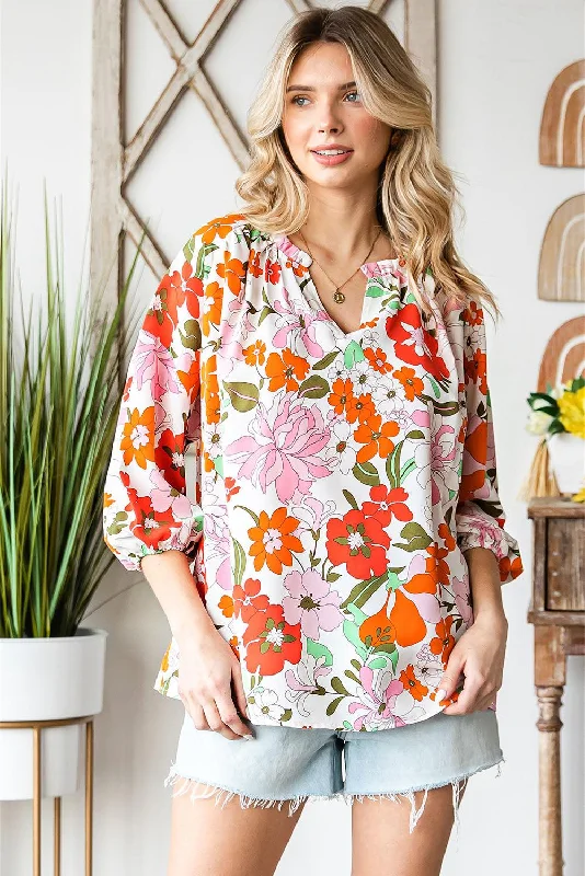 Floral Notched Neck Balloon Sleeve Blouse Floral Print Blouse
