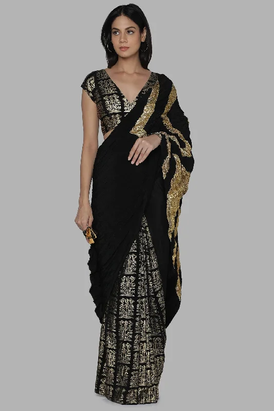 Black Crinkle Gota Palla Sari With Bunch Of Birds Pre Pleats Pleats And Blouse Piece Mandarin Collar Blouse