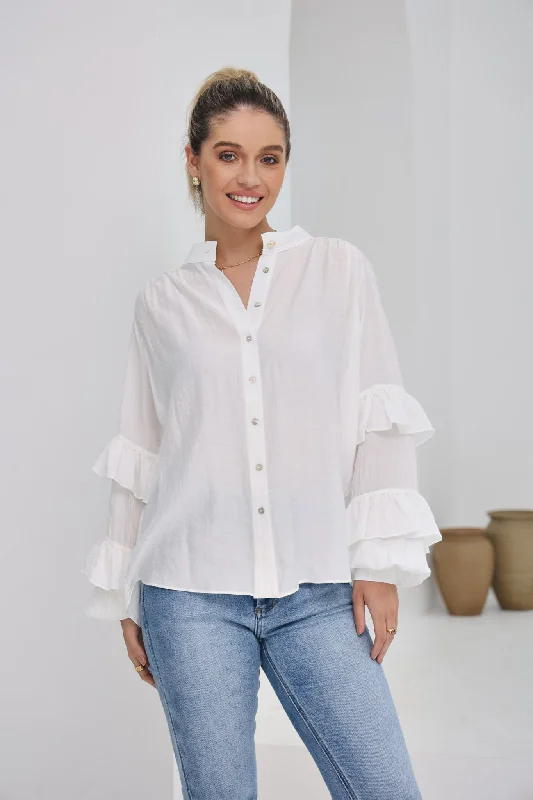 Elissa White Ruffle Sleeve Blouse Elegant Embroidery Blouse