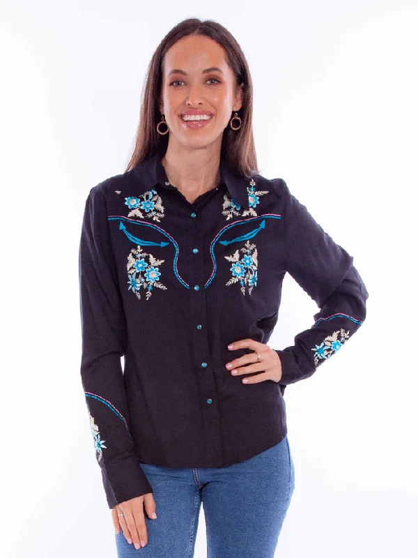 Scully HC870-BLK Womens Floral Embroidery Blouse Black Polished Work Blouse