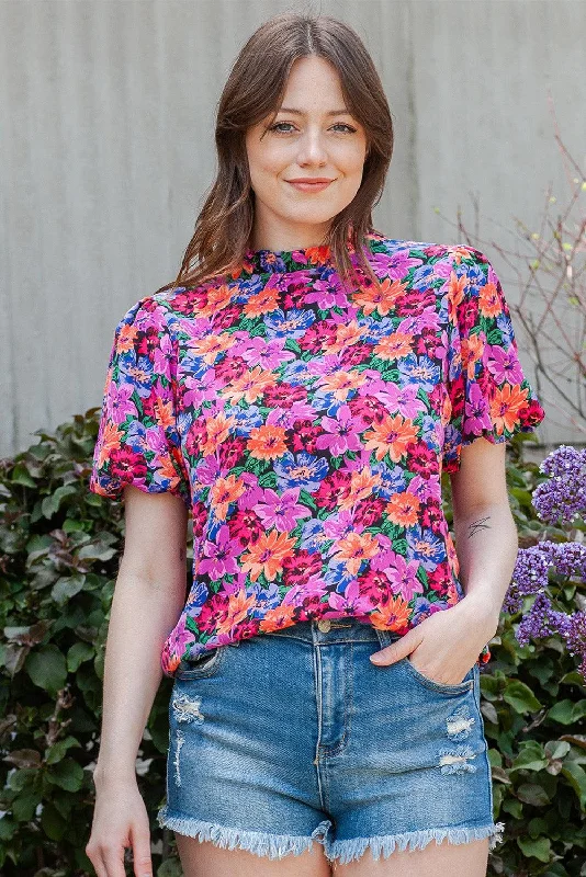 Floral Print Puff Sleeve Round Neck Blouse Stylish Wrap Blouse