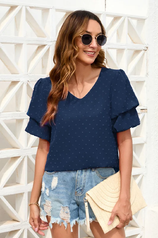 Hazel Blues® |  Swiss Dot V-Neck Short Sleeve Blouse Vintage Lace Blouse
