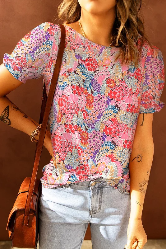 Floral Short Flounce Sleeve Blouse Modern Work Blouse
