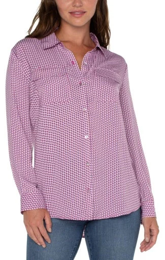 Flap Pocket Button Front Woven Blouse Silky Draped Blouse