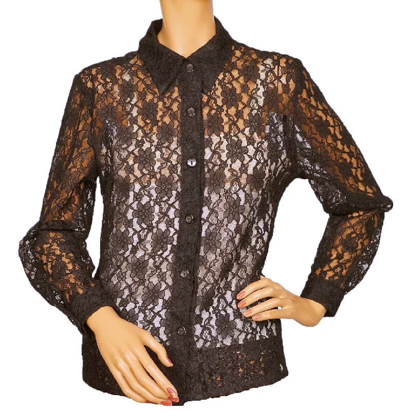 Vintage 1960s Black Lace Shirt Blouse Size M Chic Ruffle Blouse