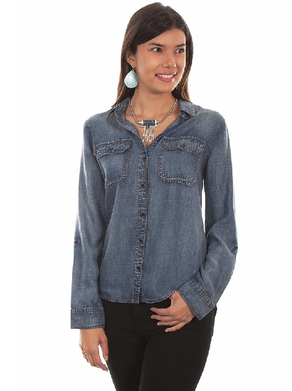 Scully HC473 Womens Button-Up Long Sleeve Blouse Denim Double Button Blouse