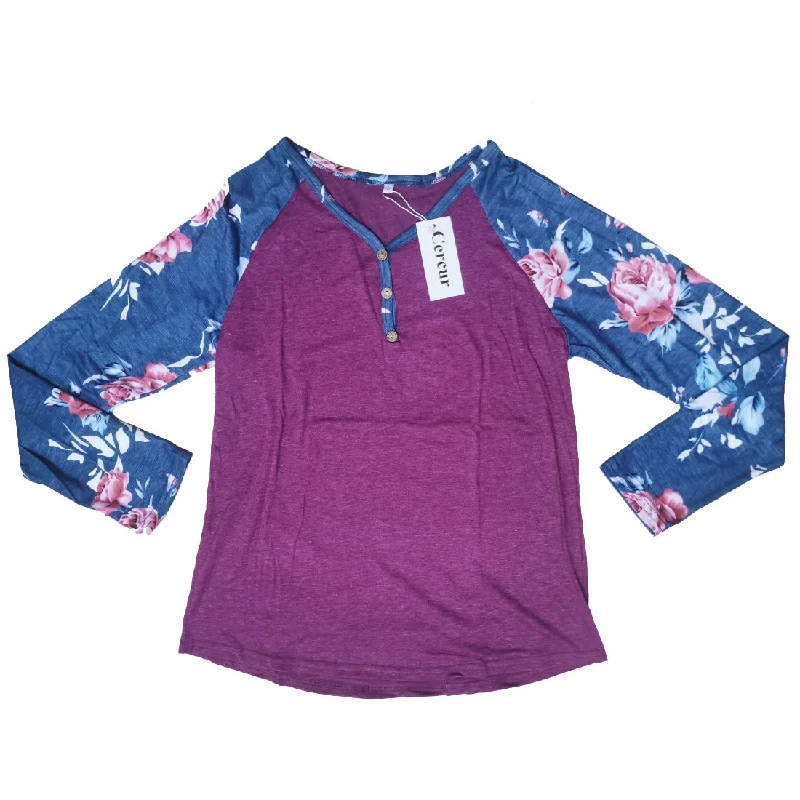 Cercur Women's Reglan Sleeve Florals Prints Crew Neck Top Casual Patchwork Blouses Tshirt Elegant Lace Blouse