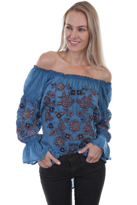 Scully Womens Avalanche Blue 100% Viscose Peasant L/S Blouse Casual Stripe Blouse