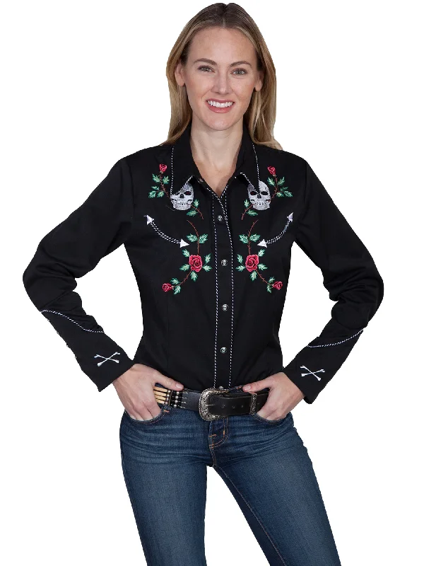 Scully Womens Black Poly/Rayon Skull & Roses L/S Blouse Peter Pan Collar Blouse