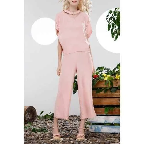 Loose Blouse and Solid Color Wide Leg Pants Suit - Pink Xl Embroidered Floral Blouse