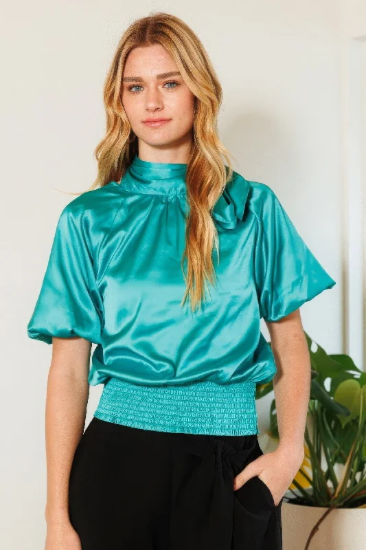 Waist Smocked Solid Satin Blouse Chic Sleeveless Blouse
