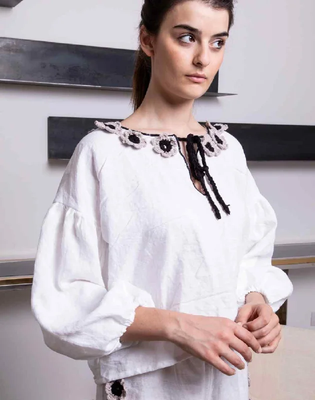 White loulou Linen Blouse with Balloon Sleeves | Black and Beige Crocheted Flowers Classic White Blouse