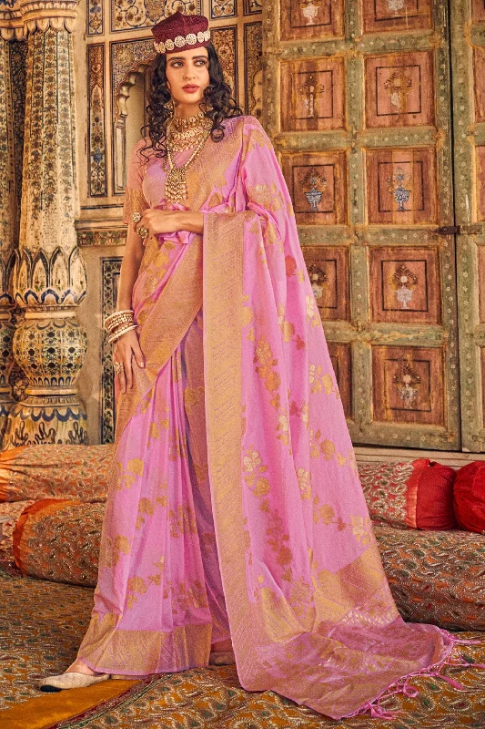 Pink Chinon Georgette Weaving Work Saree With Blouse Sheer Mesh Blouse