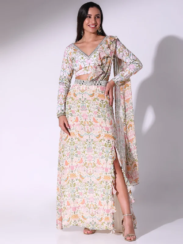 Botanical Printed Pre-stitched Saree With Blouse And Mirror Worked Belt Elegant Silk Blouse