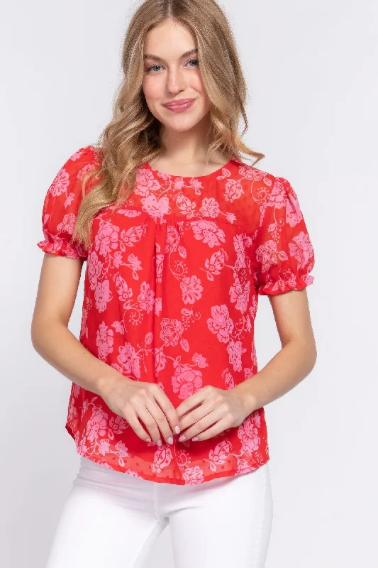 Short Slv Print Clip Dot Blouse Sheer Mesh Blouse