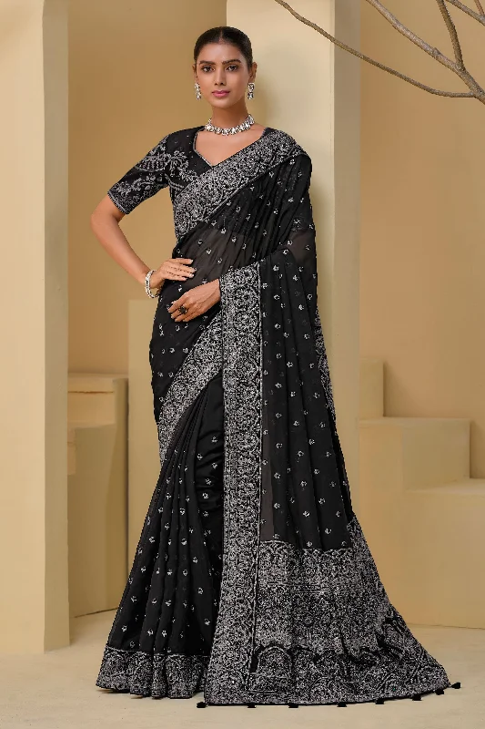 Thread Work Black Designer Saree With Gorgeous Blouse Backless Summer Blouse