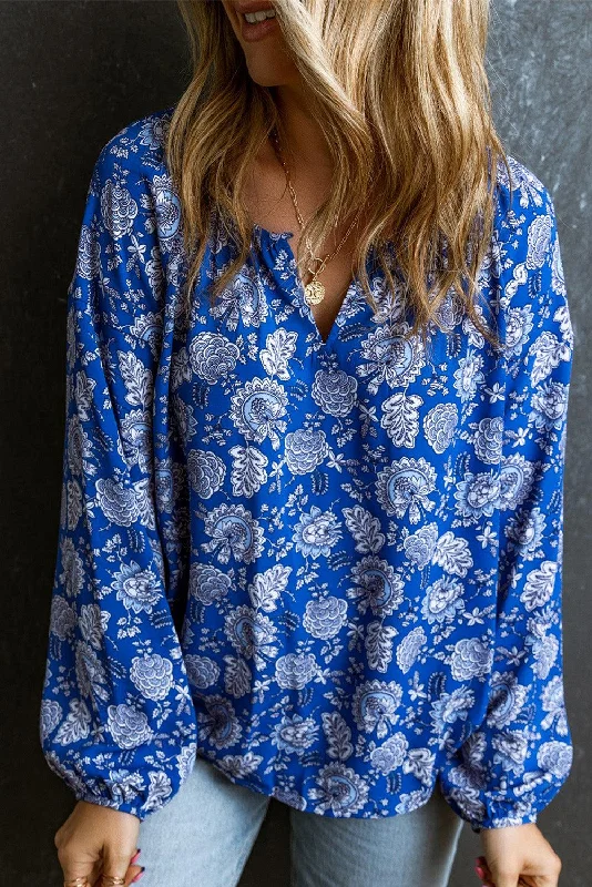 Floral Notched Neck Balloon Sleeve Blouse Chic Ruffle Blouse