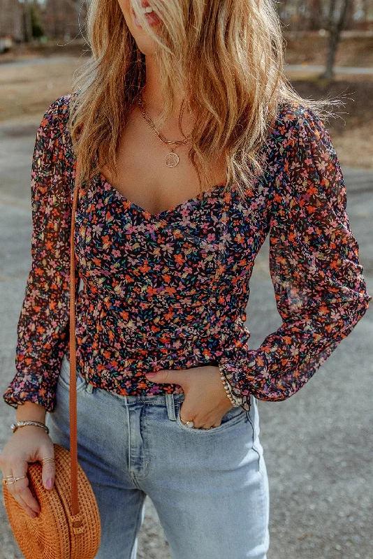Floral Long Flounce Sleeve Blouse Pastel Color Blouse