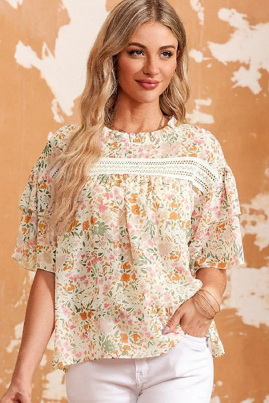 Floral Round Neck Short Sleeve Blouse Double-Layered Blouse