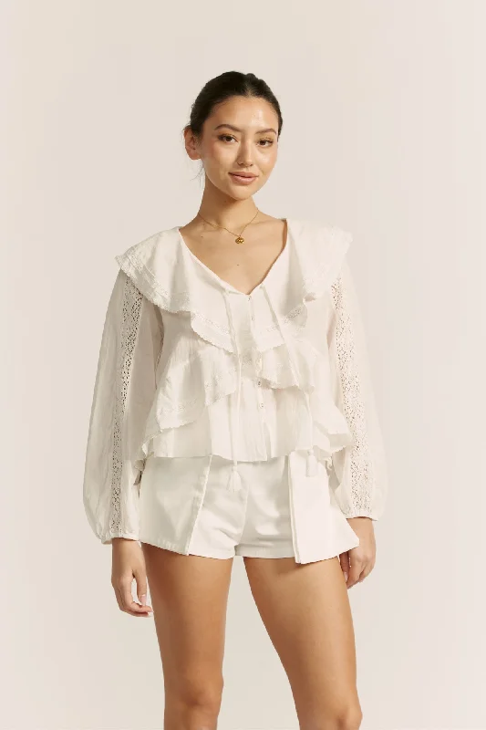 Valentina White Ruffle Blouse Pleated Collar Blouse