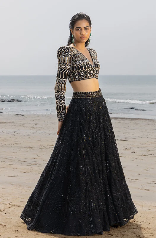Katya Black Lehenga Set With Hand Embroidered Shoulder Pad Blouse Wrap Front Blouse