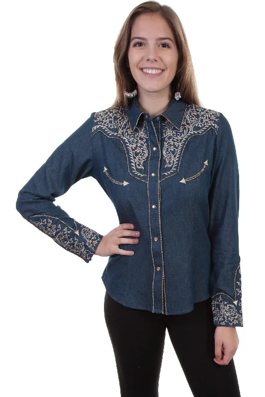 Scully Womens Denim Poly/Rayon Scroll L/S Blouse Side Tie Blouse