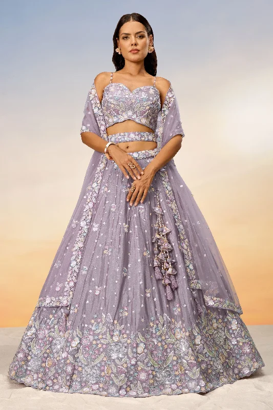 Chiffon Lavender Sequins Work 3 Piece Lehenga With Enthralling Blouse Business Casual Blouse