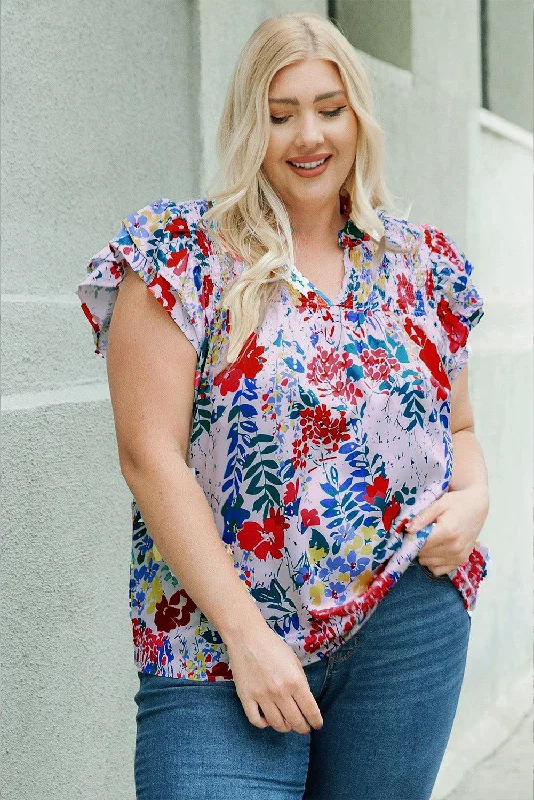 Hazel Blues® | Floral Smocked Flutter Sleeve Blouse Collared Satin Blouse