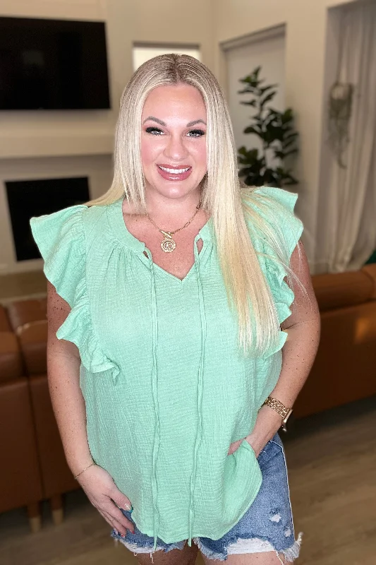 Hazel Blues® |  Gauze Keyhole Neckline Flutter Sleeve Blouse in Sage Elegant Office Blouse