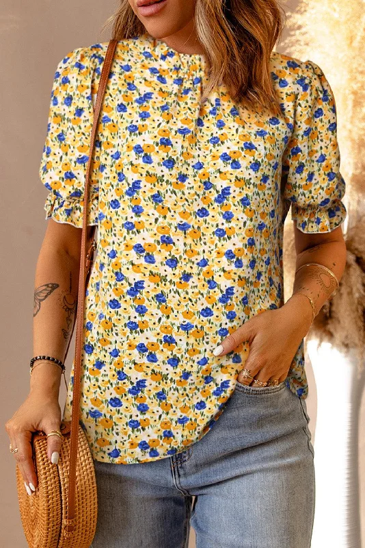 Floral Puff Sleve Keyhole Blouse Chic Wrap Blouse
