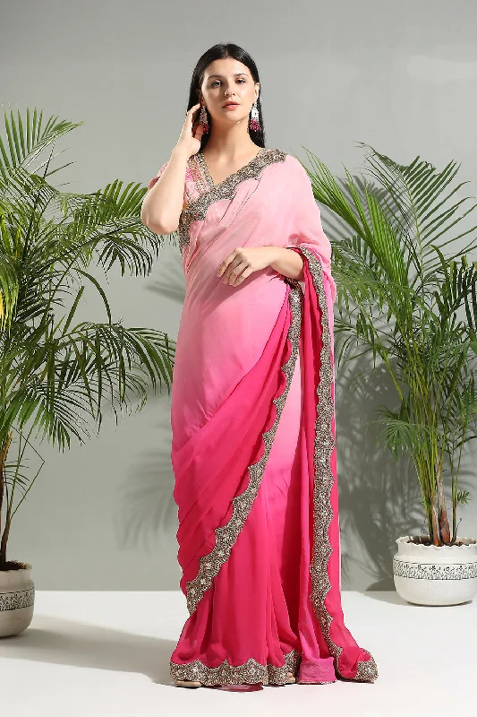 Pink Shaded Saree With Floral Blouse Chic Off-Shoulder Blouse