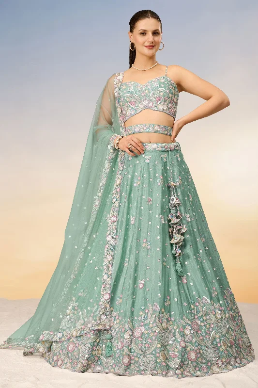 Sea Green Chiffon Sangeet Wear Lehenga With Sequins Work And Alluring Blouse Casual Stripe Blouse