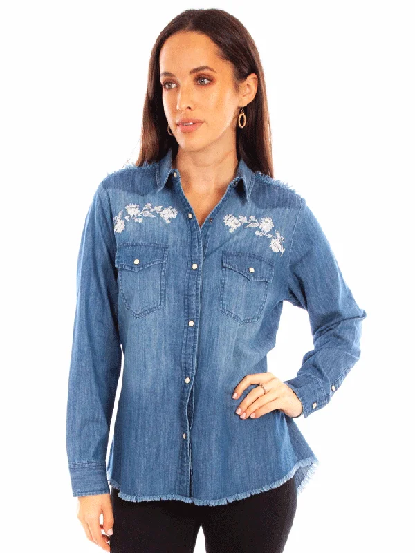 Scully HC838-DEN Womens Embroidered Denim Blouse Blue - D Satin Drape Blouse