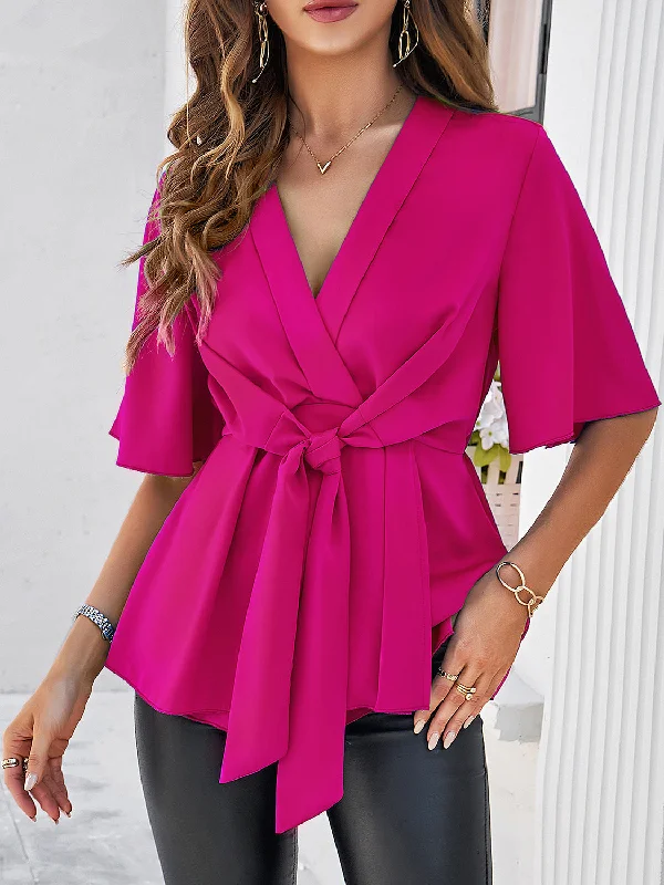 Hazel Blues® |  Surplice Tie Waist Half Sleeve Blouse Slim Fit Blouse