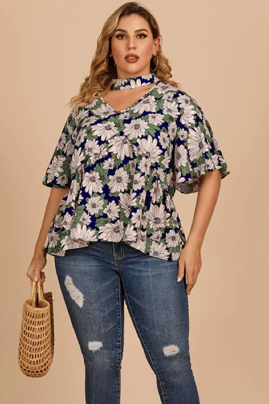 Plus Size Floral Flutter Sleeve Cutout Blouse Subtle Shimmer Blouse