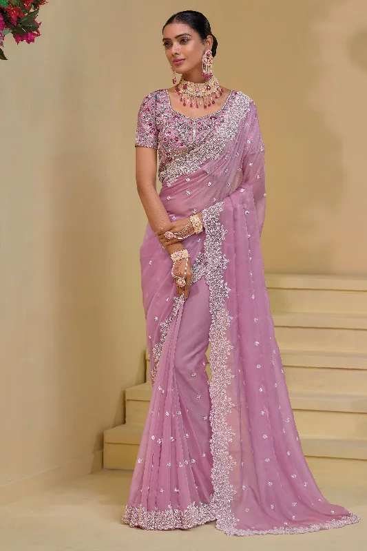 Sequins Work Pink Banarasi Saree With Attractive Blouse Casual Relaxed Blouse