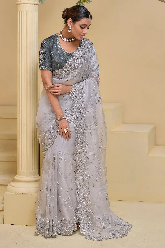 Grey Sequins Work Party Wear Saree With Attractive Blouse Silky Draped Blouse