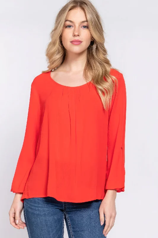 3/4 Roll Up Slv Pleated Blouse Modern Work Blouse