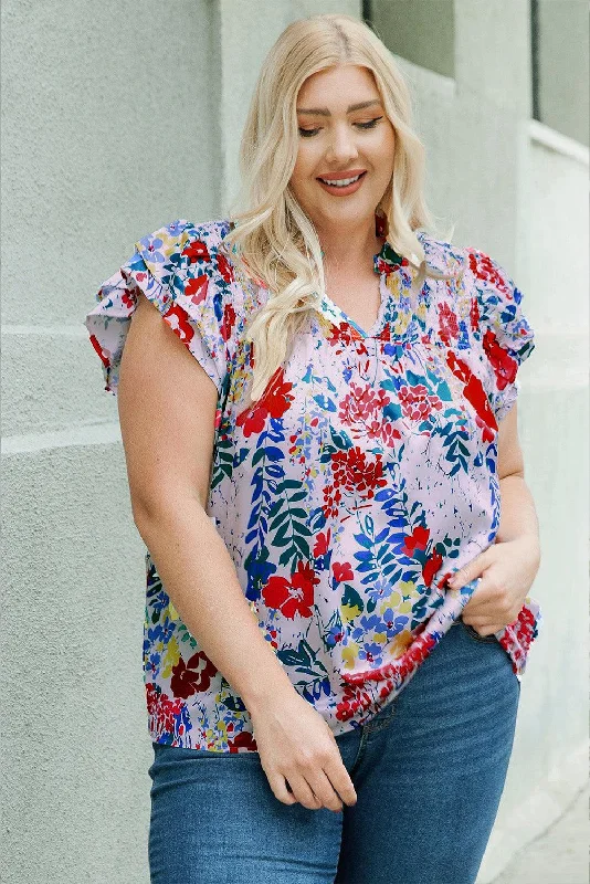 Plus Size Floral Smocked Flutter Sleeve Blouse Relaxed Fit Blouse