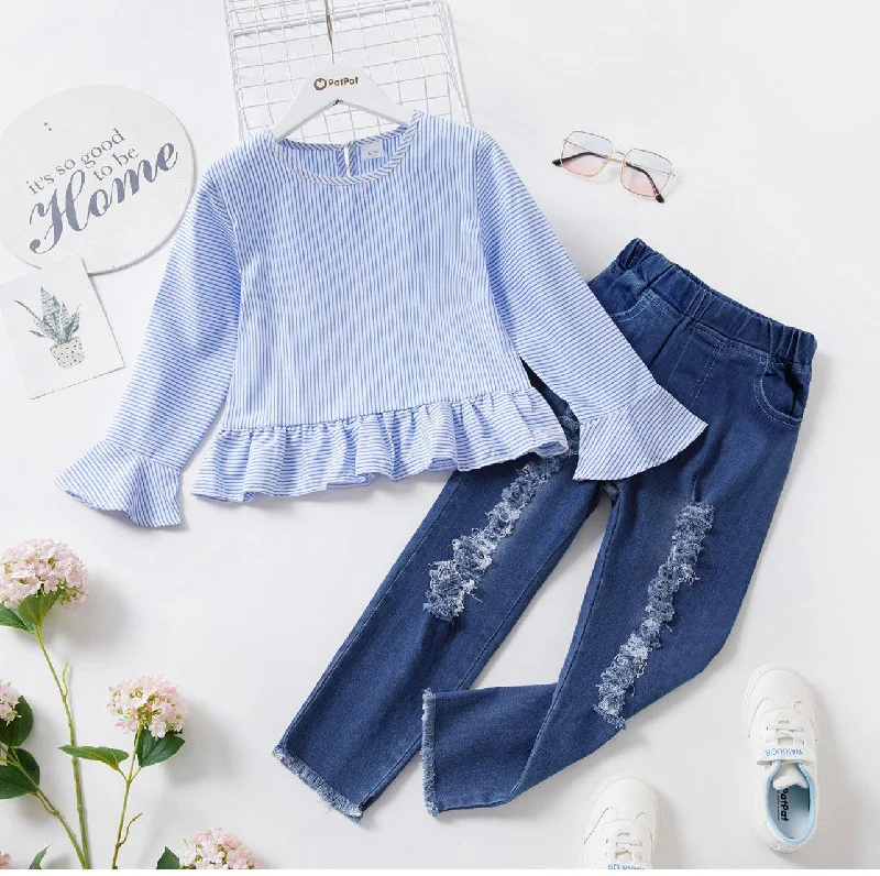 2 piece Girl Striped Bell sleeves Ruffle Hem Blouse and Ribbed Denim Jeans Set Chic Ruffle Blouse