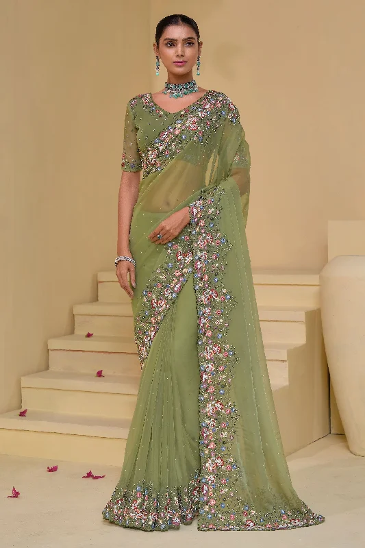 Green Banarasi Party Wear Saree With Beautiful Blouse Polished Work Blouse