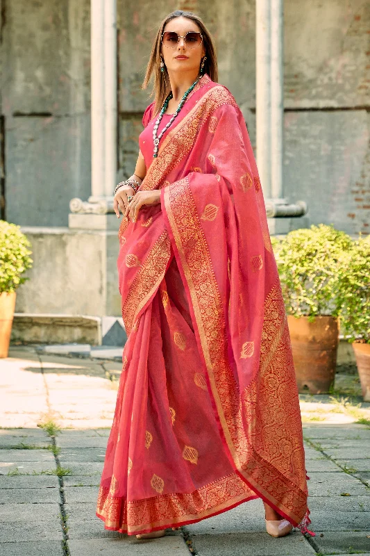 Weaving Work Pink Tissue Silk Fabric Saree With Attractive Blouse Chic Wrap Blouse
