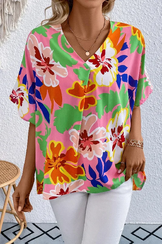 Floral Print V-Neck Short Raglan Sleeve Blouse Satin Long Blouse