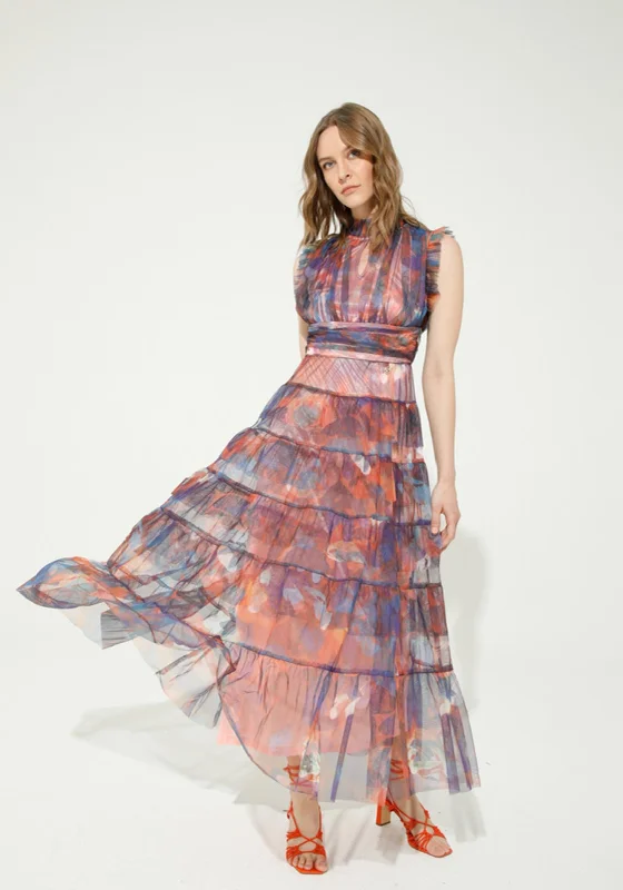 Goa Goa Tulle Tiered Printed Long Dress, Orchid Tunics Sale discount