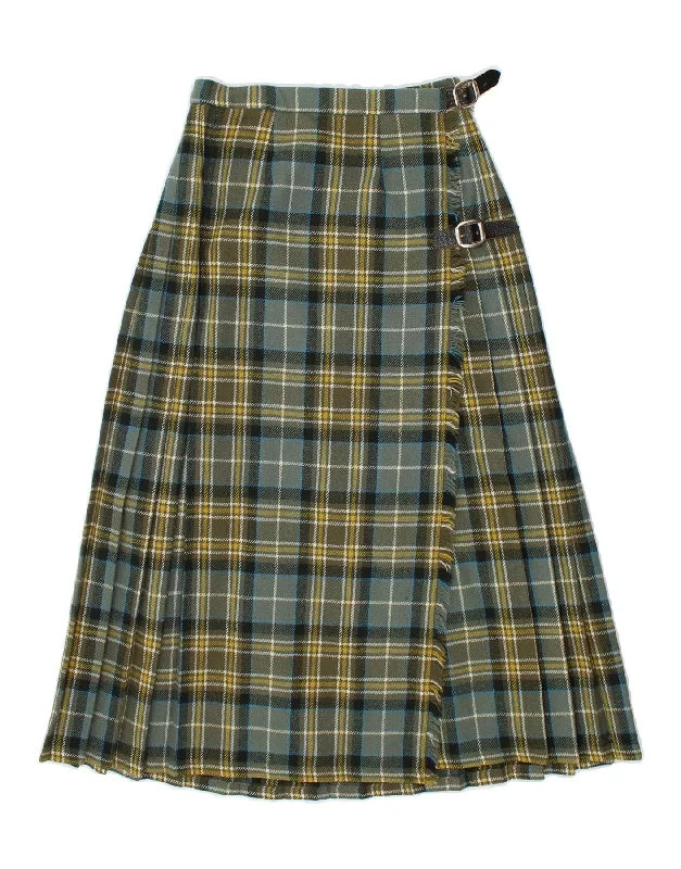 VINTAGE Womens Wrap Skirt W24 Small Green Check leather skirt bold