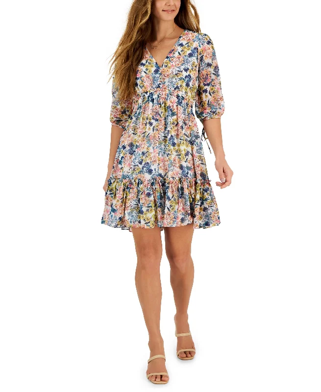 Women's Printed Chiffon Smocked-Waist Fit & Flare Dress Tunics Leisure comfortable